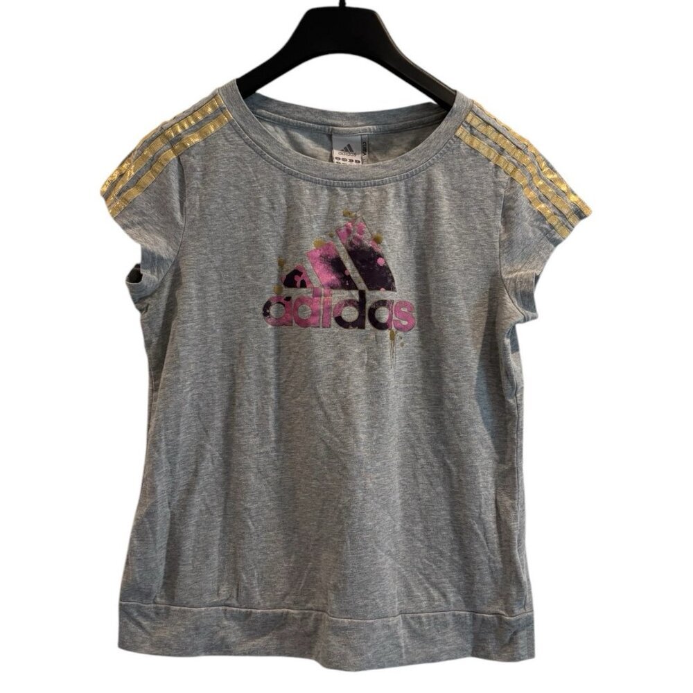 Adidas Climalite Graphic‎ Logo Tee Gold Shoulder Stripes Gray Cap Sleeve L